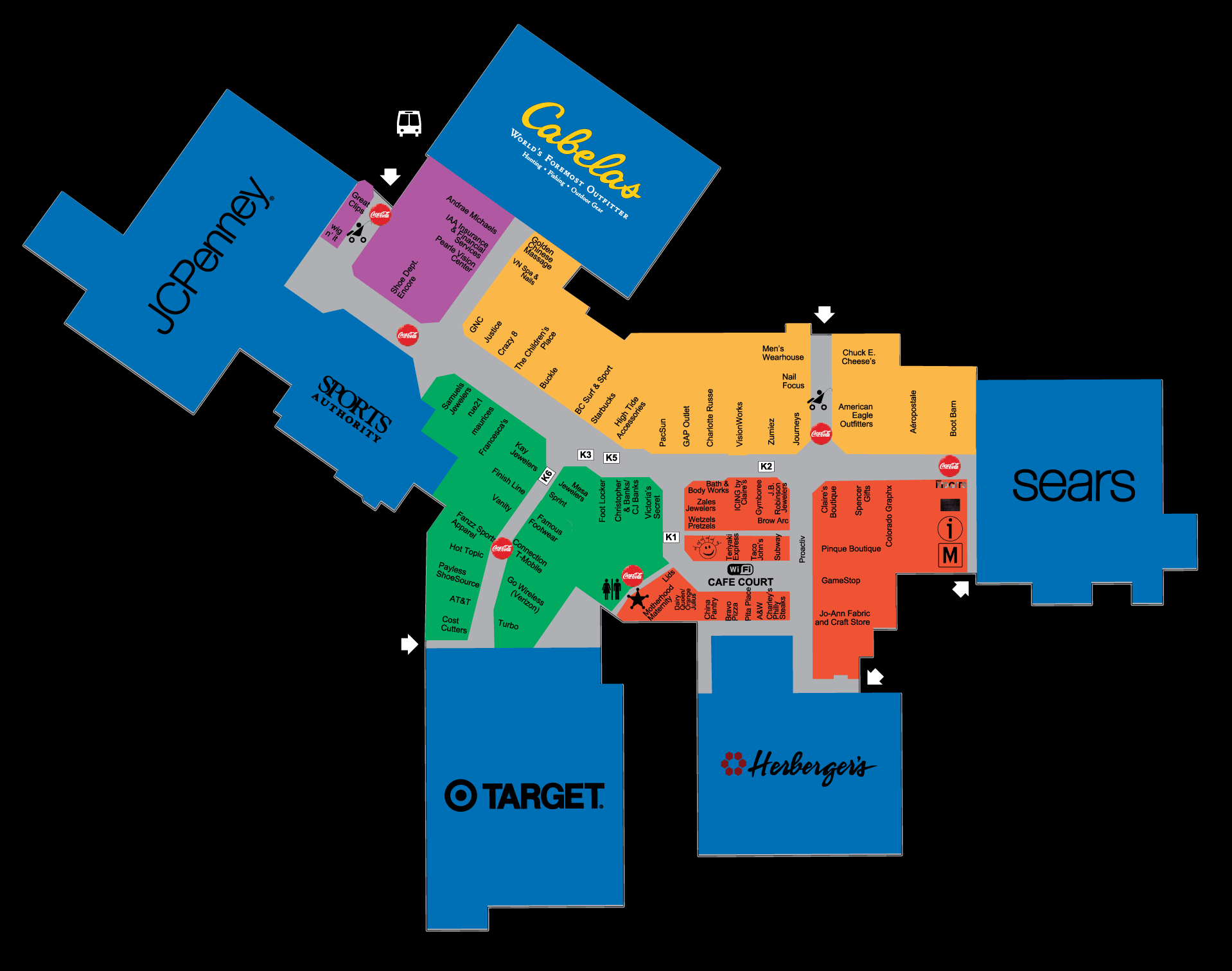 Mesa Mall map -- not much has changed, Cabela's used to be Mervyn's ...